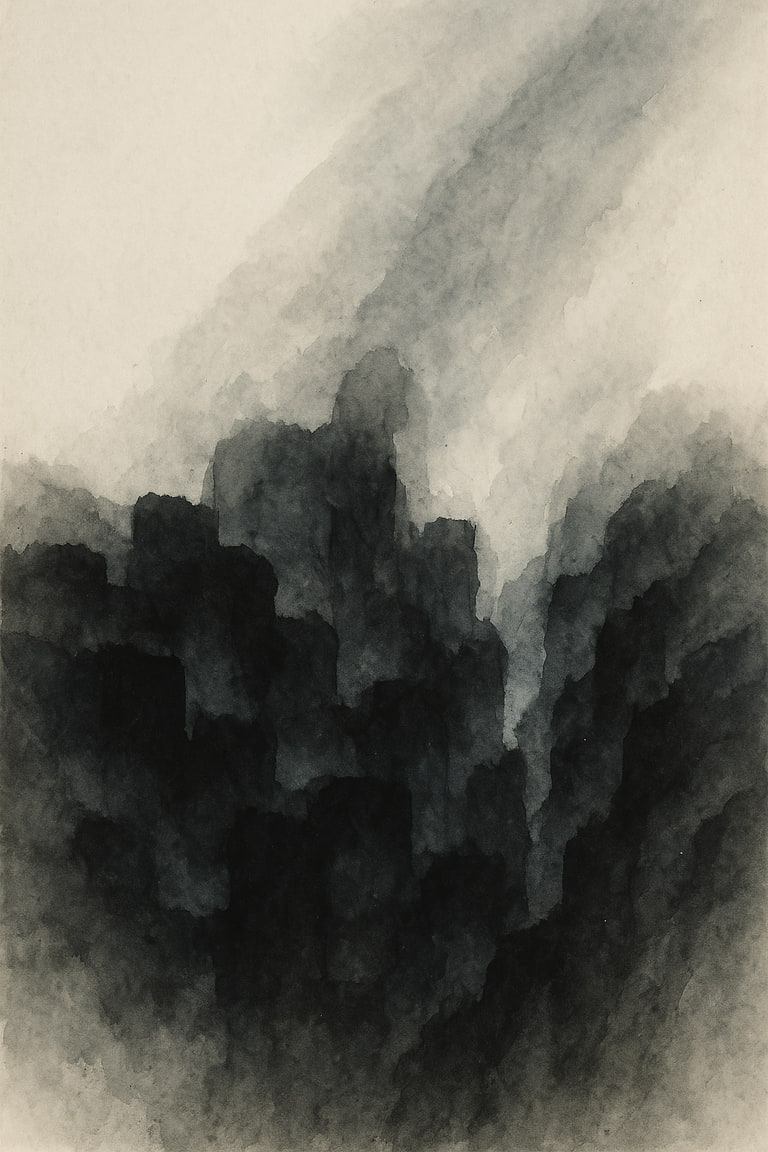 Drop 39, "Tension Below", ink wash. Dense, dark shapes cluster low across the bottom two-thirds of the portrait sheet, pressed and jagged, overlapping with brooding heaviness. These masses are built up with layered washes of gray and blue, the darkest area in the low left, lifting off in fractured forms to the right.