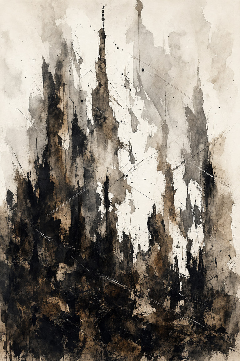 Drop 44, "Disturbed Ground", ink wash. A vertical sheet anchors a fractured arrangement of overlapping zones and silhouettes. Heavier, dense brushwork pools at the lower third, from which elongated, interrupted forms rise, rough columns, jagged edges, smudged blocks. Smeared patches climb upward, bleeding into lighter, more diffuse washes near the top.
