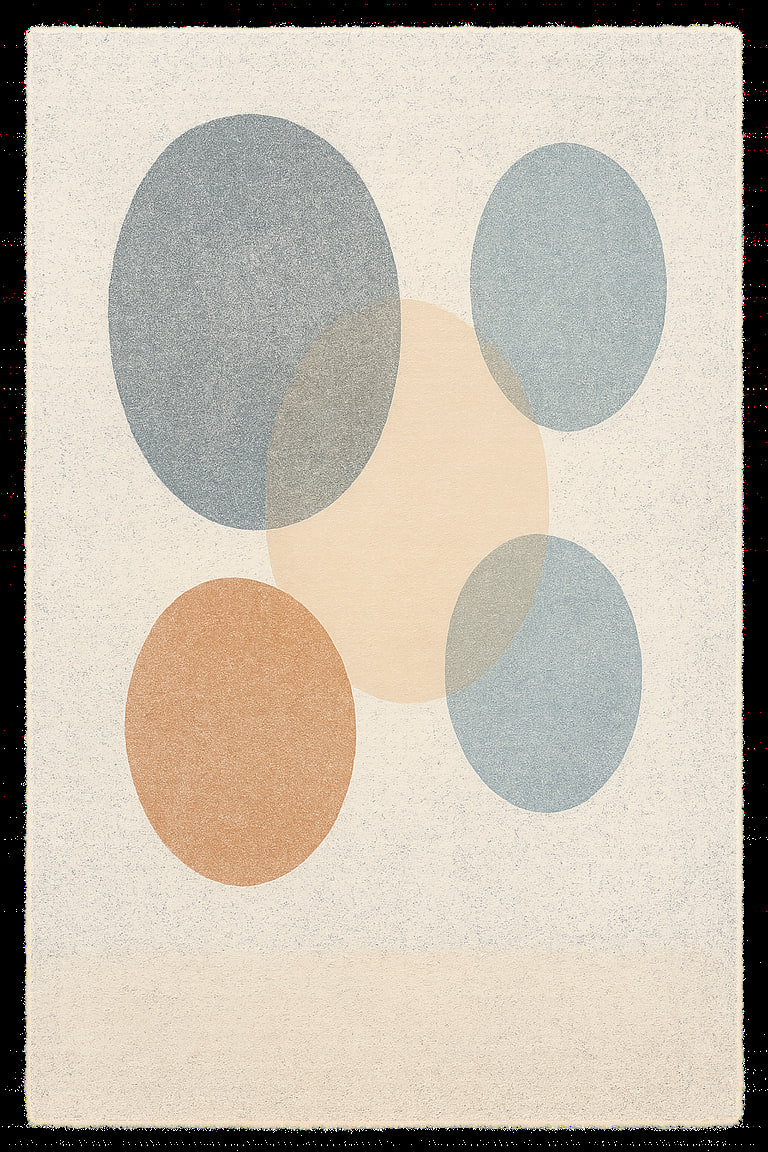 Drop 41, "Spread Quietly", risograph. The image is built from five irregular, semi-transparent oval forms arranged in a loose, slightly tilted grid. None touch but all overlap at the edges, forming pockets of layered color where they intersect. Each oval differs in size and tone, two are broad and dim, two small and bright, the fifth medium and slightly off-center, suggesting variety without dominance.