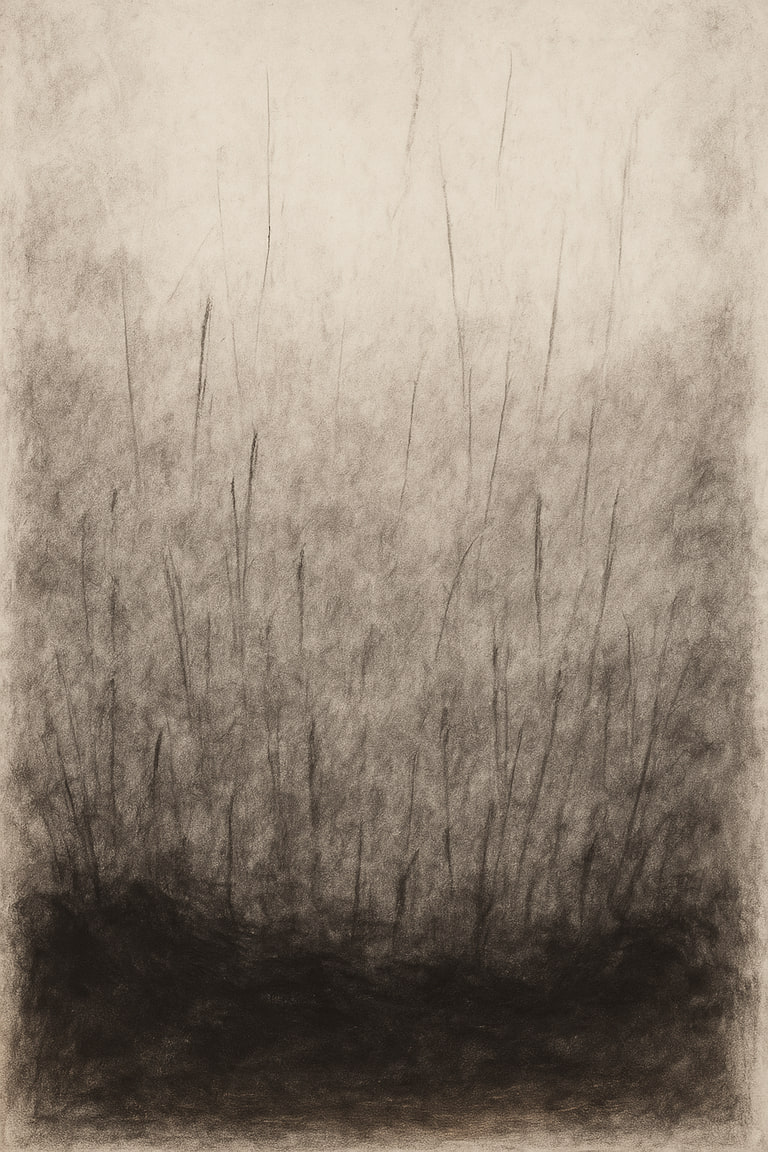 Drop 40, "Pressure Above Ground", charcoal. A dense lower half occupies the foreground, rendered in dark, coarse strokes merging upward to a fractured, uneven middle band stretching horizontally. Above, the upper half of the sheet is open and scattered, with faint, sharp vertical marks stretching upward and out. Slight clouded forms emerge at the edges, broken by abrupt blunt lines.