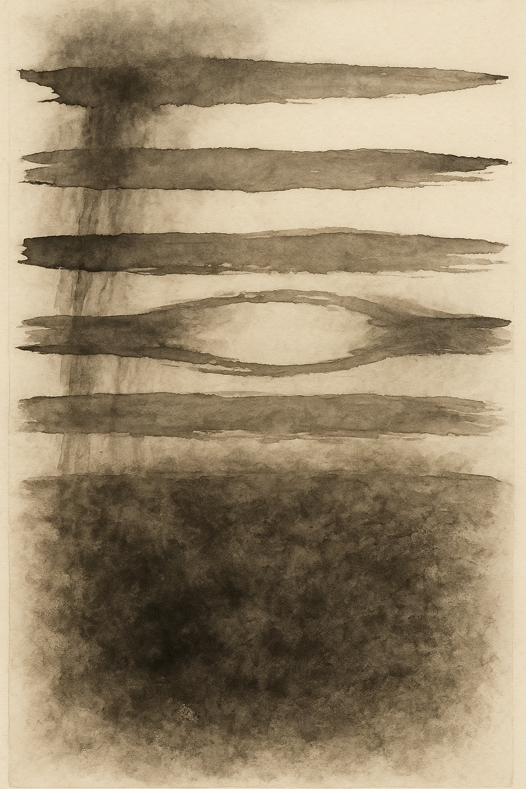 Drop 36, "Unrest and Pause", ink wash. A tall composition with seven irregularly spaced horizontal bands stretching unevenly from left edge toward the right, each interrupted, overlapping or fading out before meeting the border. The lower third is denser, crowded with overlapping forms, while the center is punctuated by scattered pale voids.